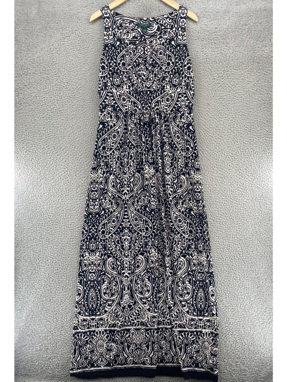 Lauren Ralph Lauren Dress Women 10 Black White Paisley Maxi Jersey Knit Surplice